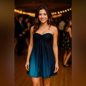 XSCAPE Strapless Sweetheart Blue Ombre Mini Dress